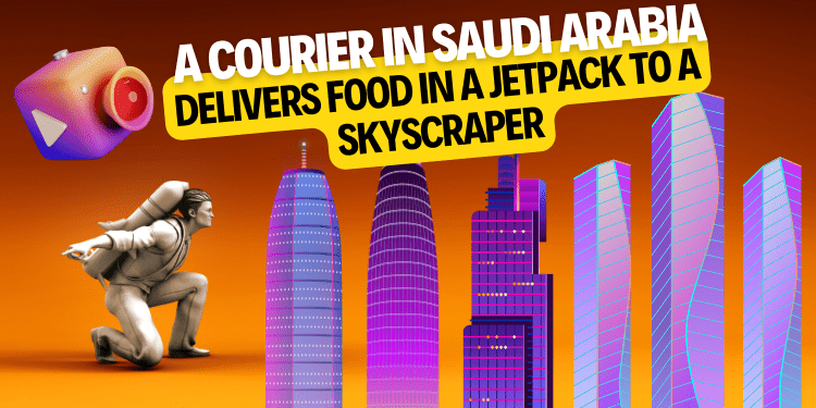 A courier in Saudi Arabia delivers food in a jetpack to a skyscraper