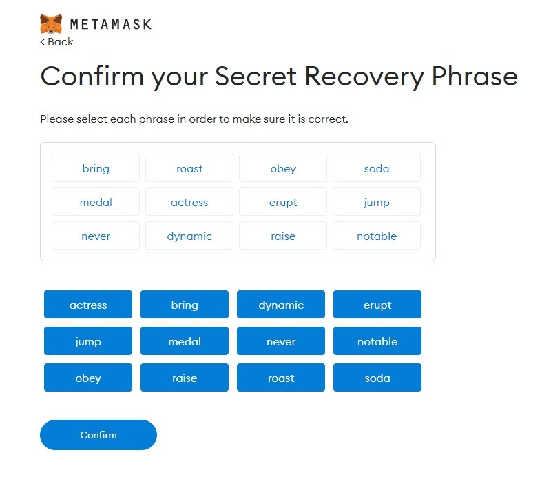 confirm your secret recovery phrase