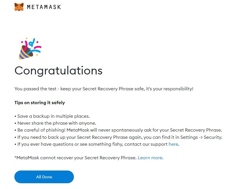 congratulations for create metamask wallet