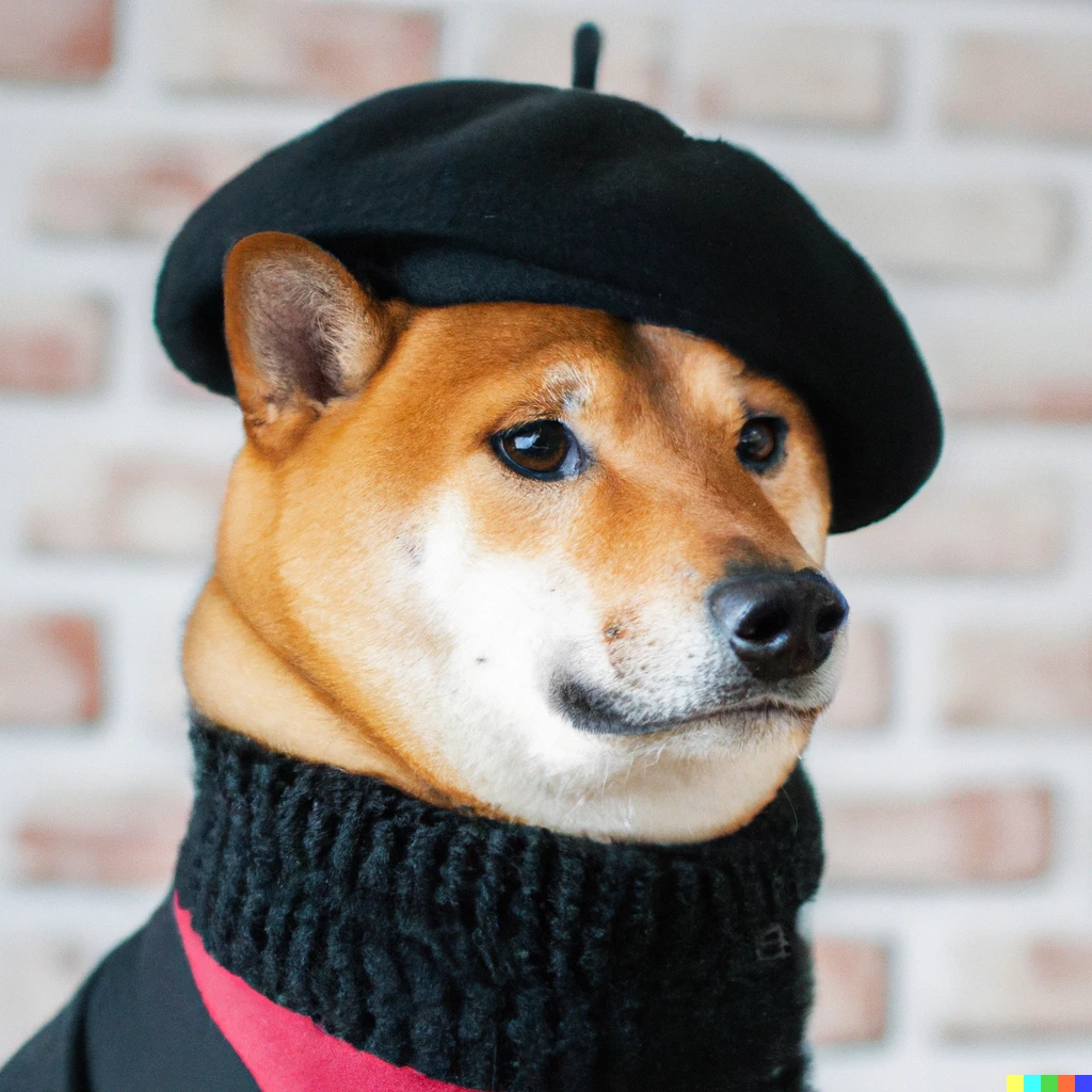 A Shiba Inu dog wearing a beret and black turtleneck