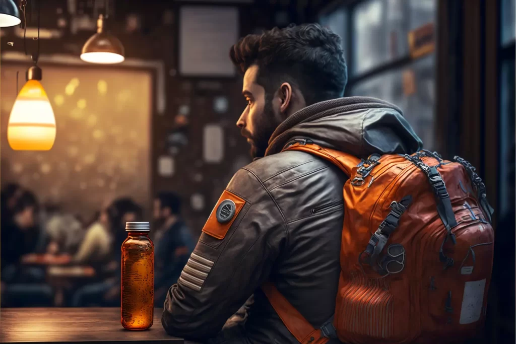 A man john sits in a bar and thinks about his future trip, with a Nasa backpack beside him