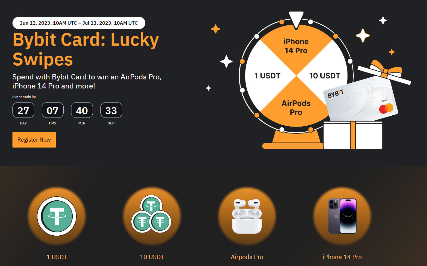 This image introduces the "Lucky Swipes" campaign by Bybit Card, a compelling opportunity for users to win fantastic prizes. The image showcases a visually appealing Bybit Card, representing the key to unlocking rewards and luck. Surrounding the card, various alluring prizes, including AirPods Pro, iPhone 14 Pro, and more, are displayed to pique the viewer's interest. The accompanying text draws attention to the limited duration of the event, with a countdown indicating the remaining days, hours, and minutes. The image aims to create a sense of anticipation and urgency, motivating users to make transactions with the Bybit Card in order to maximize their chances of winning. The vibrant and captivating design ensures that viewers are enticed to participate and seize the opportunity.