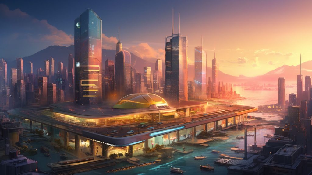 Titled "Crypto Metropolis: The Beacon of Innovation," this image captures a stunning cityscape as twilight descends. The city is bathed in a warm, golden glow, emanating from the setting sun, casting a magical aura over the futuristic skyline. The skyline, dominated by towering glass buildings adorned with holographic billboards showcasing various cryptocurrency logos, signifies the city's role as a thriving crypto hub. People dressed in both smart suits and casual attire can be seen engaged in lively conversations and bustling business activities, illustrating the vibrant energy of the place.  The city's architecture seamlessly merges modern elements with traditional influences, exemplifying a unique blend of heritage and cutting-edge technology. The buildings feature elegant curves and metallic finishes, symbolizing the transformative power of the crypto industry and its potential to reshape the world.  The composition of the image accentuates depth and perspective, utilizing a wide-angle view to capture the immensity of the city. Drawing the viewer's gaze to the central plaza, a majestic fountain becomes the focal point. The water cascades down in intricate patterns, resembling encrypted data flowing through a vast network, infusing the scene with a sense of symbolic significance.  Overall, the image emanates an atmosphere of optimism and opportunity, serving as a beacon for individuals seeking innovation and progress. The vibrant colors employed in the image enhance its visual impact, evoking a sense of vitality and dynamism. This captivating portrayal is intended to inspire viewers and evoke a longing to be part of the global expansion of cryptocurrencies, away from the constraints of the US regulatory landscape.