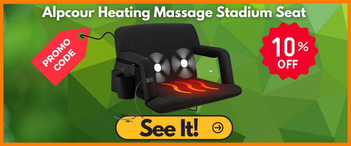 Exciting Promotion Alert! Purchase the Alpcour Heating Massage Stadium Seat at a discounted price. For a limited period, enjoy a 10% off on this exceptional product, featuring a built-in heater, adjustable reclining positions, and water-resistant design. Simply use the promotion code '10HMSEAT23' during the specified dates, from July 5th to August 3rd, 2023, to unlock this exclusive discount. Upgrade your outdoor comfort and savings today!