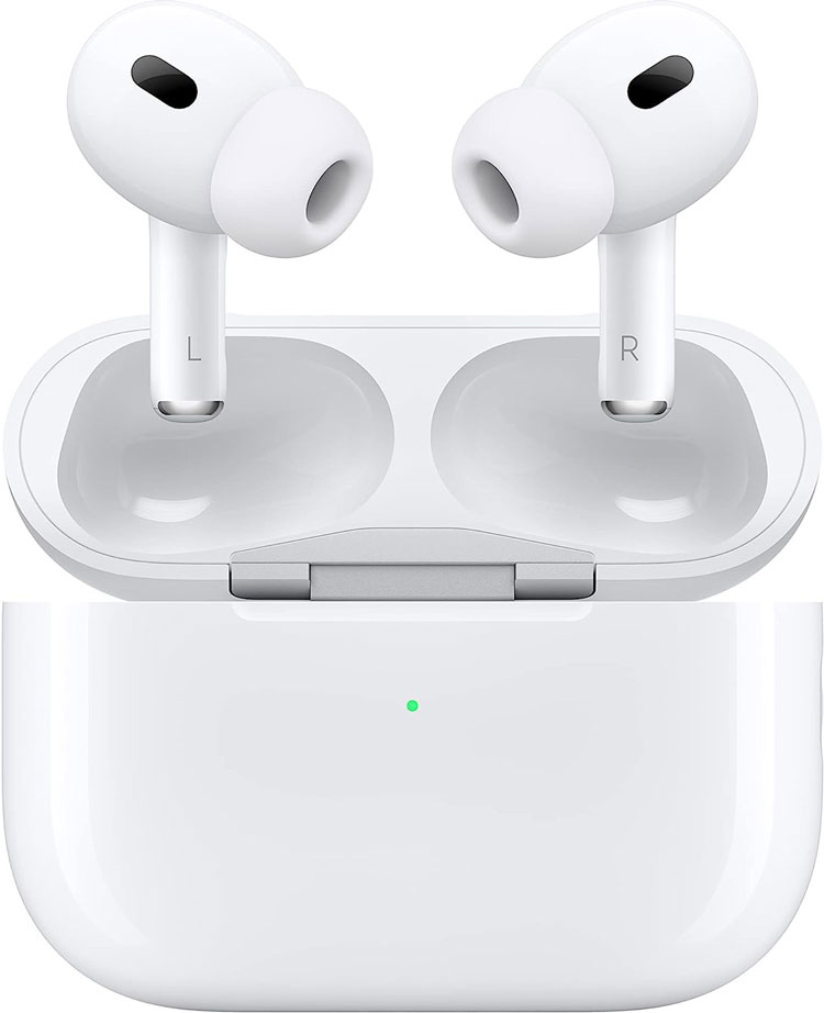 Illustration featuring the Apple AirPods Pro (2nd Generation) Wireless Earbuds, delivering an immersive audio experience with advanced noise cancellation, personalized sound, and convenient control. The custom-designed H2 chip ensures enhanced audio performance, while the adaptive features and customizable fit provide comfort and convenience. With improved battery life and a feature-packed charging case, these earbuds offer a seamless and magical listening experience for Apple users.