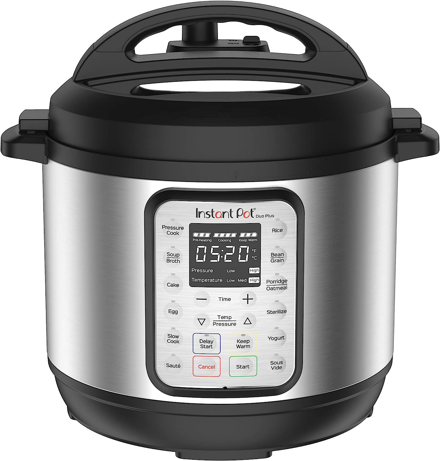 Illustration showcasing the Instant Pot Duo Plus 9-in-1 Electric Pressure Cooker in stainless steel. With its versatile functionality including pressure cooking, slow cooking, rice cooking, yogurt making, and more, this appliance is a kitchen essential. The improved easy-release steam switch and intuitive display make cooking a breeze, while the customizable Smart Programs provide one-touch cooking for a variety of dishes. The food-grade stainless steel cooking pot ensures even cooking, and the dishwasher-safe components make cleanup quick and easy. With its proven safety features, this cooker is perfect for families and offers the convenience of cooking fast or slow. Download the free Instant Pot app to unlock a world of amazing recipes for delicious meals.