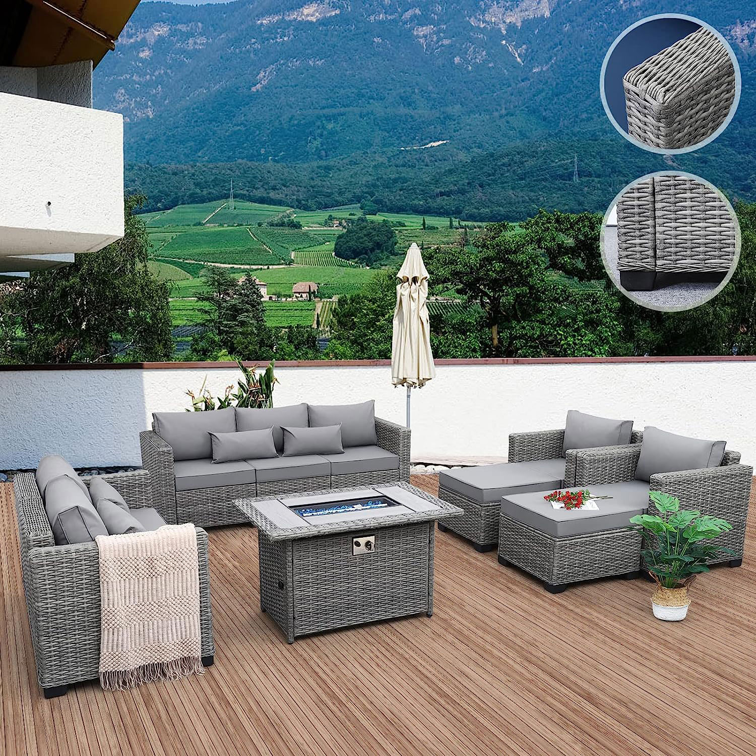 Rattaner Fire Pit Patio Furniture Sets - 7 Piece Grey - Create Your Outdoor Oasis