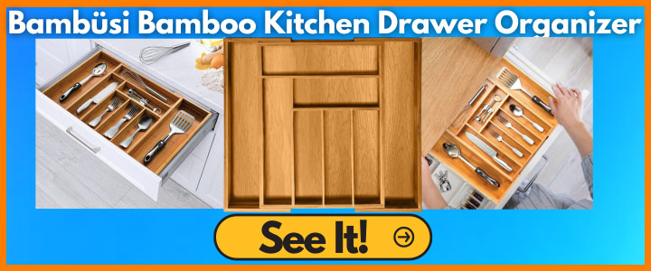 Elevate your kitchen organization with the Bambüsi Bamboo Kitchen Drawer Organizer. This top-quality organizer features an expandable design and adjustable compartments, allowing you to create a custom layout that perfectly fits your drawer. The deep slots provide efficient storage for various utensils and gadgets. Crafted from premium bamboo, this organizer offers durability and adds a touch of elegance to your kitchen. It is easy to clean and maintain, and the non-slip base ensures stability. Enhance the organization and style of your kitchen with the Bambüsi Bamboo Kitchen Drawer Organizer.