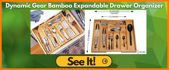 Get a closer look at the Dynamic Gear Bamboo Expandable Drawer Organizer, where functionality meets elegance. This organizer offers a versatile and adjustable design that allows you to customize the width to fit your drawer perfectly. With its 8 deep compartments, it provides efficient organization for your kitchen utensils. Made of high-quality bamboo, it ensures durability while adding a touch of sophistication to your kitchen. Cleaning and maintaining the organizer is effortless, ensuring a hassle-free experience. The non-slip base keeps the organizer securely in place, preventing any movement. Experience the practicality and style of the Dynamic Gear Bamboo Expandable Drawer Organizer, a reliable choice for organizing your drawer.