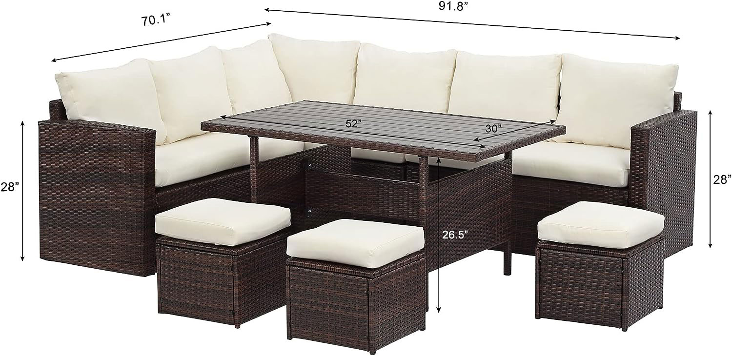 Outdoor wicker furniture set by Solaste, featuring a loveseat, table, and ottoman.