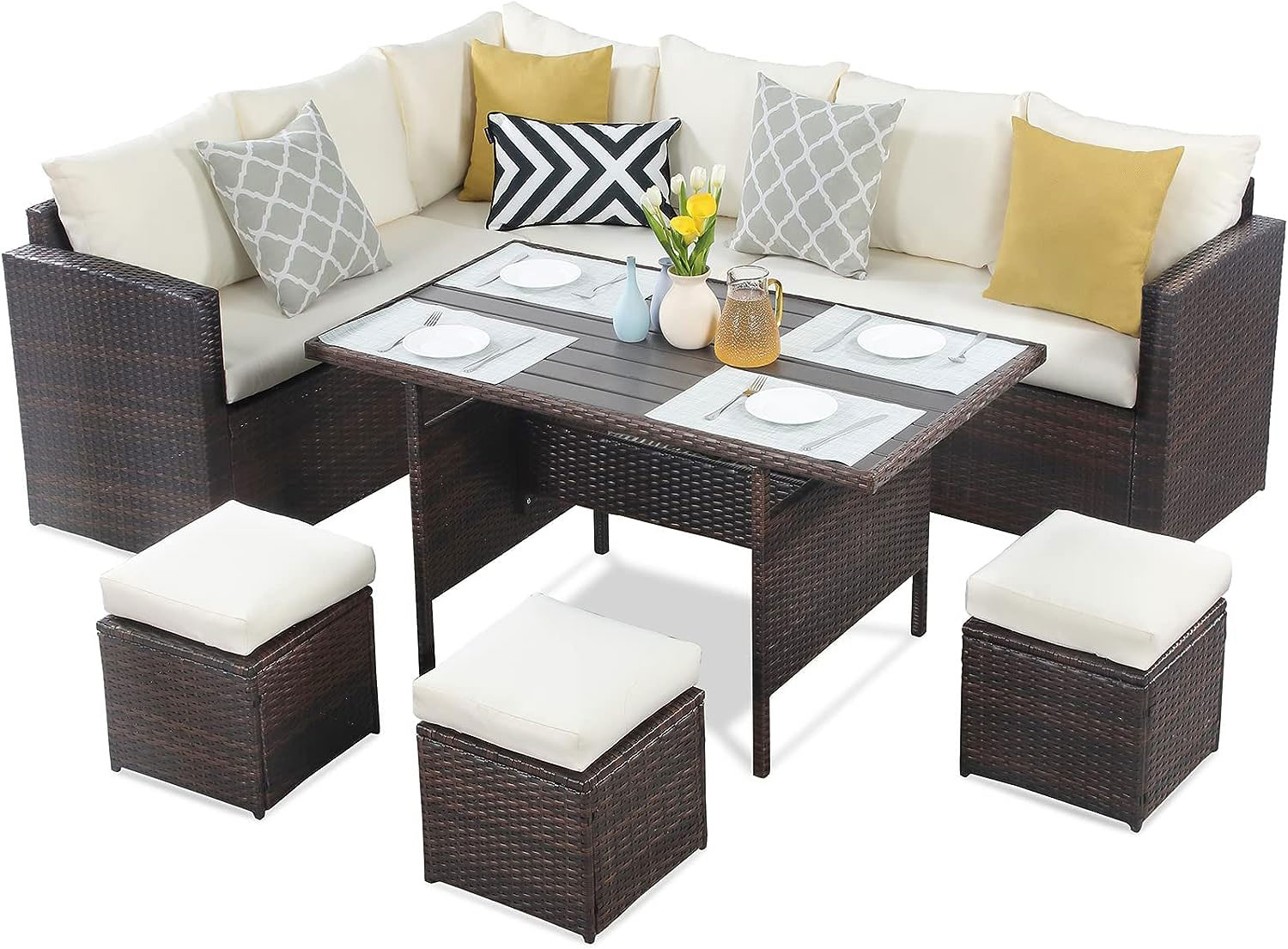 Wisteria Lane Patio Furniture Set - Outdoor Dining Sectional Sofa with Table and Chair, All Weather Wicker, Ivory