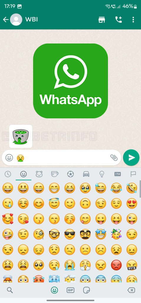 An image showcasing the Sticker Suggestion Feature on What'sUp messaging app. The sticker tray, positioned above the keyboard, displays emojis and their corresponding stickers, allowing users to effortlessly find and send expressive stickers during their conversations.